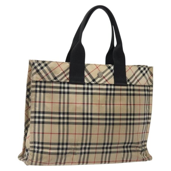 BURBERRY Nova Check Blue Label Hand Bag Nylon Beige Silver Auth hs1711 - Picture 1 of 16